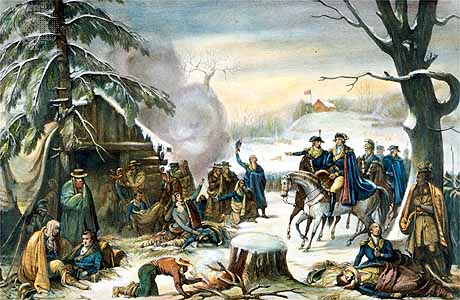 George washington and the marquis de lafayette surveying the troops camped at valley forge pennsylvania in the winter of 1777 78